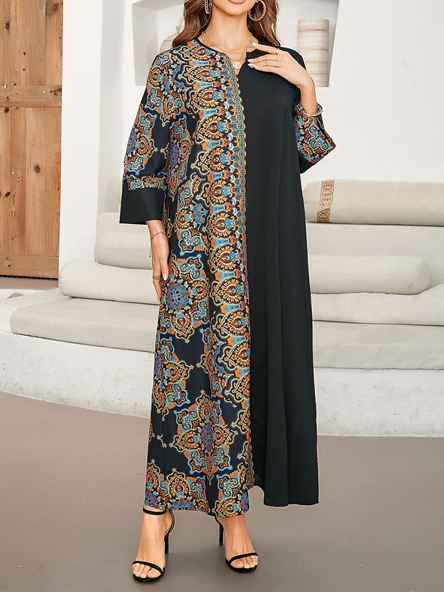 Femme Robe Maxi Robe casual Robe Caftan robe boheme Décontractées du quotidien Standard Géométrique Manches 3/4 Col cranté Noir Printemps Automne de 2025 ? $30.99 –P4