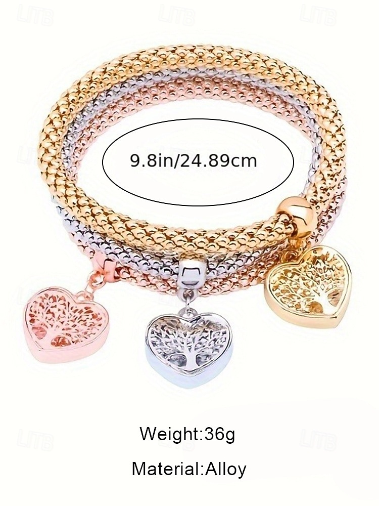 Women's Alloy Heart Tree Charm Bracelet Set, 3-Piece Set Available in Gold, Silver, and Rose Gold, Perfect for Valentine's Day Outfits 2026 - $9.99 –P8