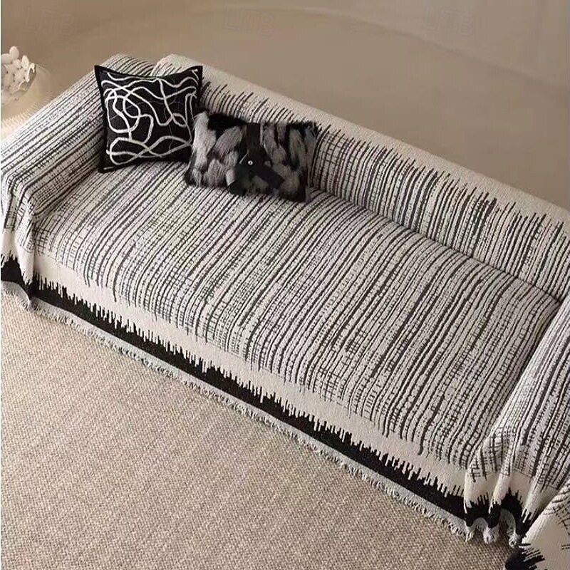 Thickened Sofa Blanket Autumn And Winter Gradient Striped Jacquard Half Velvet Sofa Towel With Tassels Multi-functional Blanket 2025 - $45.99 –P7