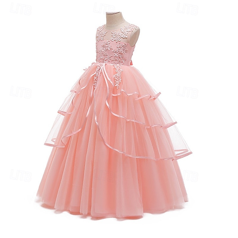Robe de Demoiselle d'Honneur Fille enfants Fille Robe de princesse Utilisation Mariage Soirée Elégant Magnifique Maille Couleur unie Sans Manches Col Ras du Cou Blanche Rose Claire 4 ans et + de 2025 ? $38.99 –P7