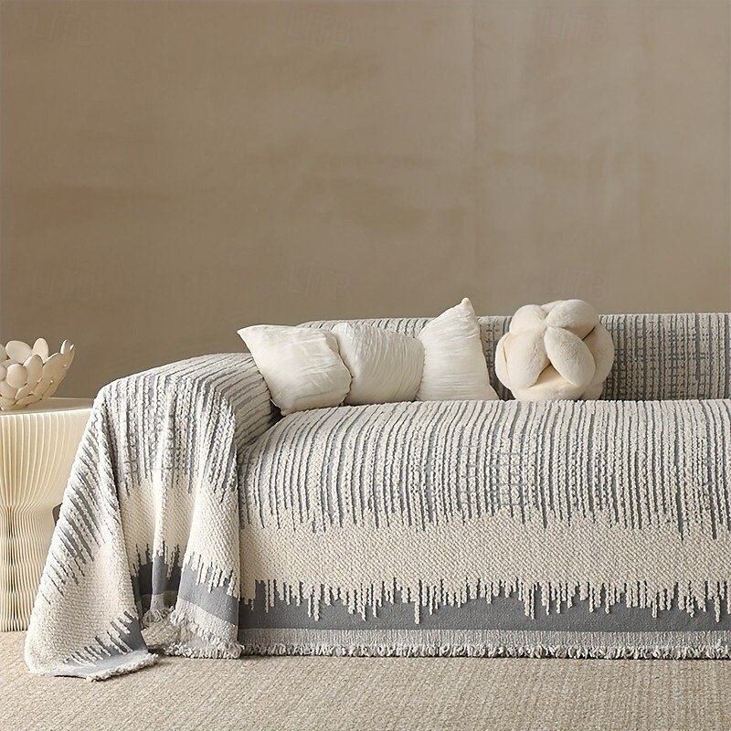 Thickened Sofa Blanket Autumn And Winter Gradient Striped Jacquard Half Velvet Sofa Towel With Tassels Multi-functional Blanket 2025 - $45.99 –P6