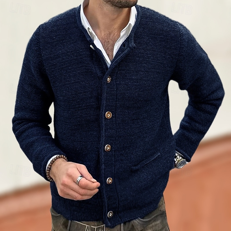 Herren Strickjacke Strickpullover Gerippt Stricken Standard Knopf hoch Feste Farbe Ständer Modisch Klassisch Freizeitskleidung Verabredung Bekleidung Herbst Winter Schwarz Dunkelmarine M L XL 2025 - $37.99 –P3