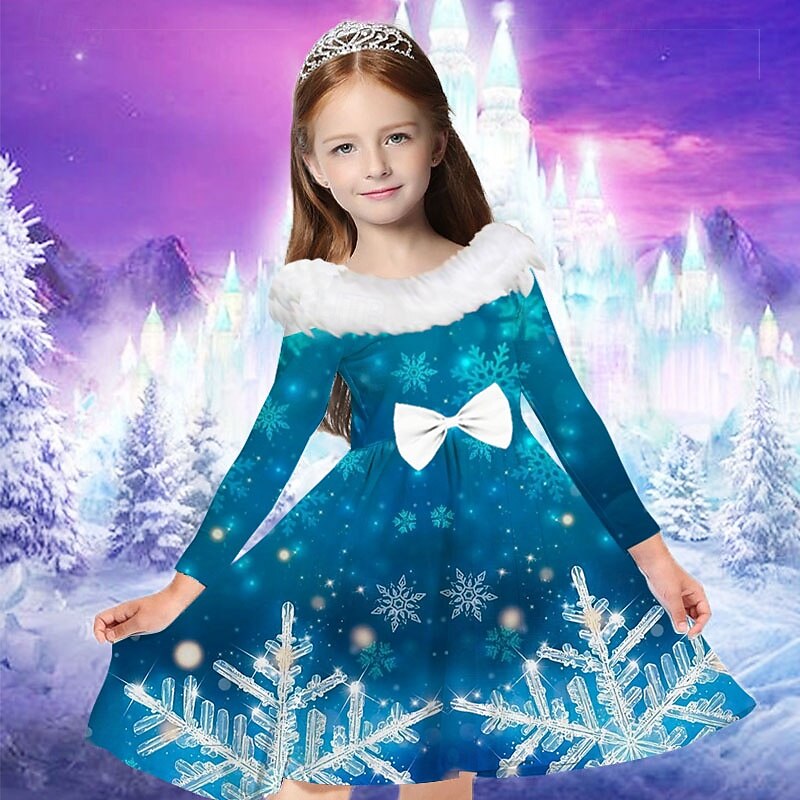 Kids Girls' Dress Snowflake Long Sleeve Casual Fur Trim Crewneck Adorable Daily Polyester Above Knee Casual Dress Swing Dress A Line Dress Fall Winter 2-13 Years Navy Blue Blue Sky Blue 2025 - $24.99 –P7