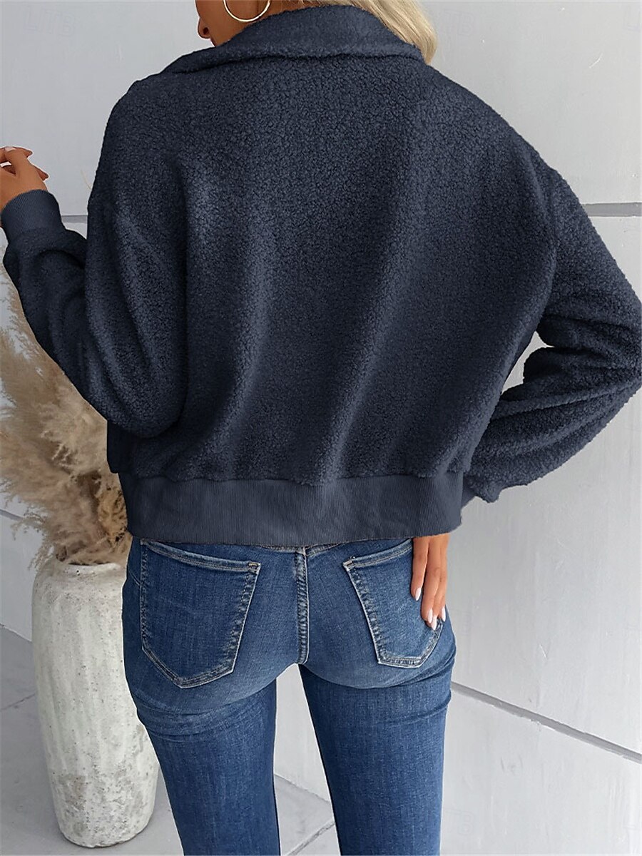 Women's Winter Coat Sherpa Jacket Outdoor Street Daily Wear Fall Winter Short Coat Regular Fit Thermal Warm Breathable Stylish Casual Jacket Long Sleeve Plain with Pockets Full Zip Dark Navy Army 2025 - $52.99 –P10
