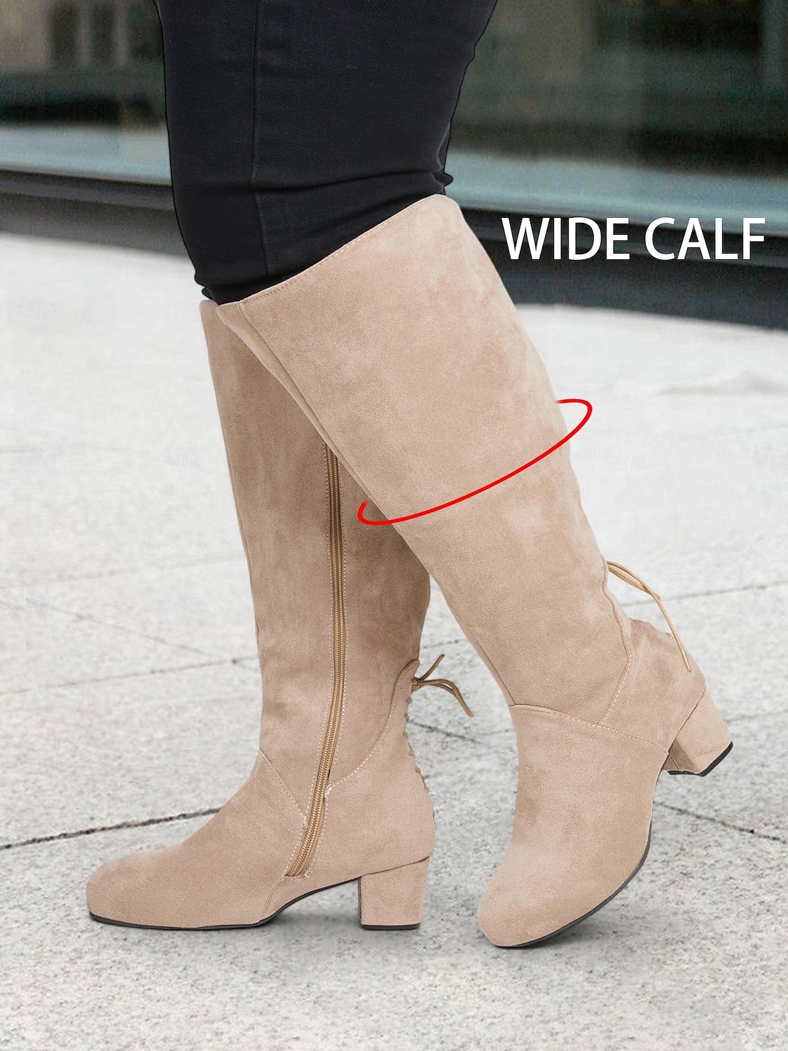 bottes hautes en daim beige à mollet large pour femmes avec talons épais – chaussures confortables et élégantes pour les tenues décontractées et hivernales de 2025 ? $64.99 –P1