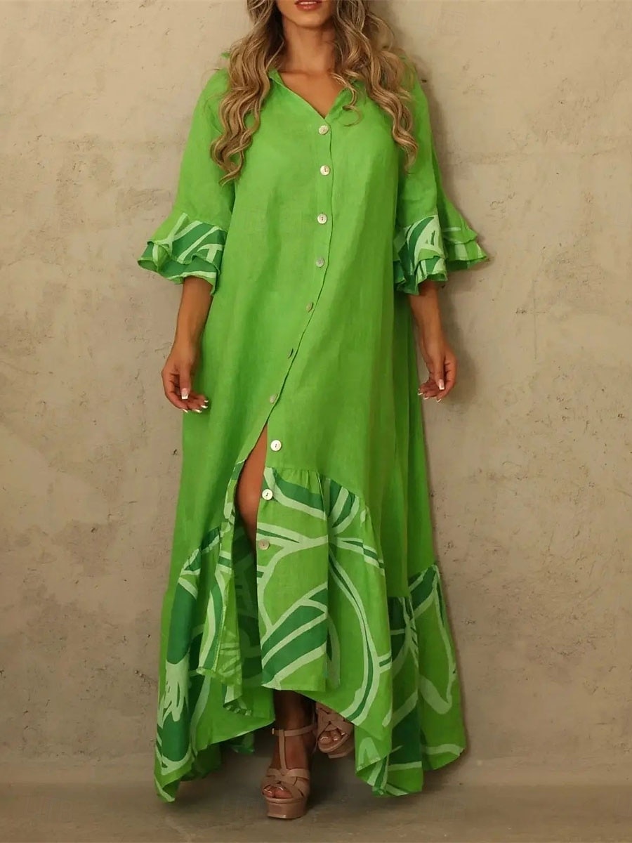 Naisten Pitkä mekko Maxi mekko Pellava-inspiroidut mekot Paitamekko Rento mekko Painatus mekko Katutyyli Vapaa-aika ulko- Päivittäin Bile Loose Fit Geometria 3/4 hiha Paitapuserokaula-aukko Valkoinen 2025 - $36.99 –P4