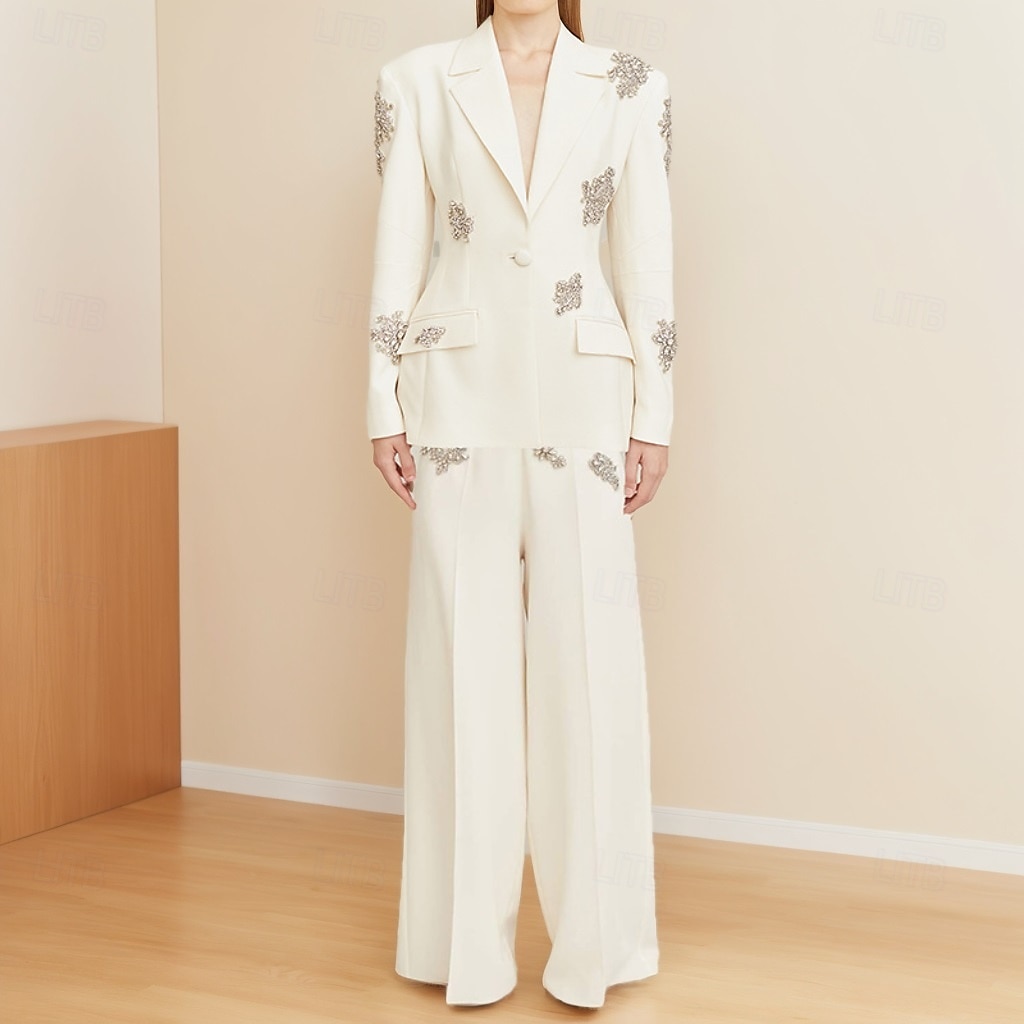 Hosenanzug Weiß Tuxedo Tuxedo Kleid Zweiteiliges Anzug Abendkleid Elegant Formal Hochzeit Bodenlänglich Langarm Hemdkragen mit Glitzer Quaste 2025 2025 - $179.99 –P1