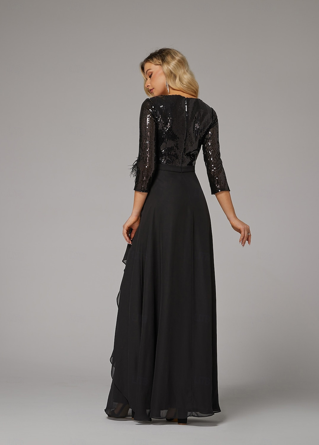 A-Linie Abendkleid elegantes Kleid formell asymmetrisch Langarm Stehkragen Chiffon mit Federn Perlen Pailletten 2025 2025 - $171.99 –P3