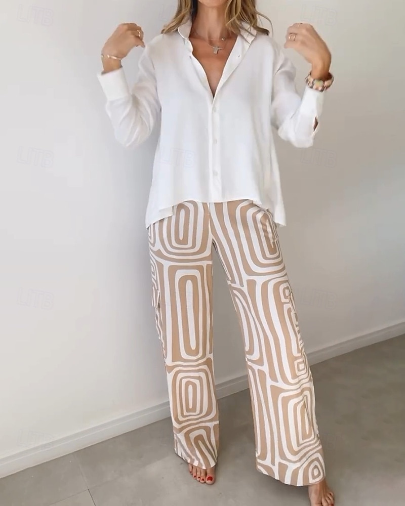 Women's Fashion Streetwear Daily Shirt Linen-Inspired Sets Two Piece Sets Dress Pants Long Sleeve Bishop Sleeve Shirt Collar Plain Printing Patchwork Print Formal Casual Daily Khaki Fall Regular Fit 2025 - $31.99 –P4