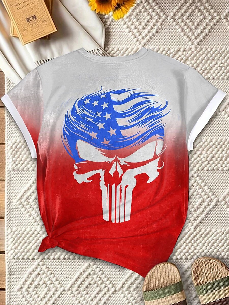 Women's T Shirt Ombre Skull Casual Short Sleeve Round Neck Regular Tops Daily Print Red Summer 2025 - $19.99 –P2