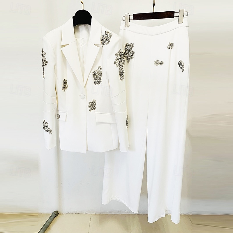 Hosenanzug Weiß Tuxedo Tuxedo Kleid Zweiteiliges Anzug Abendkleid Elegant Formal Hochzeit Bodenlänglich Langarm Hemdkragen mit Glitzer Quaste 2025 2025 - $179.99 –P2