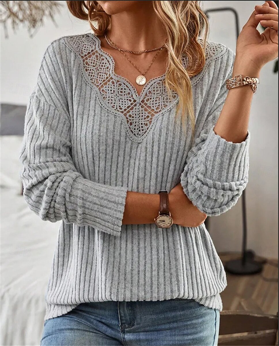 Damen Hemd Bluse Feste Farbe Basic Brautkleider schlicht Langarm V Ausschnitt Normale Oberteile Täglich Spitze Patchwork Grau Herbst Winter 2025 - $27.99 –P2