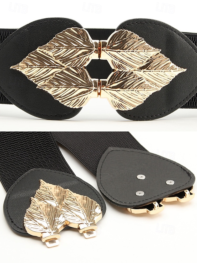 Women's Chic Black Elastic Waist Belt with Gold Leaf Buckle – Stylish Accessory for Dresses and Formal Outfits 2025 - $11.99 –P7