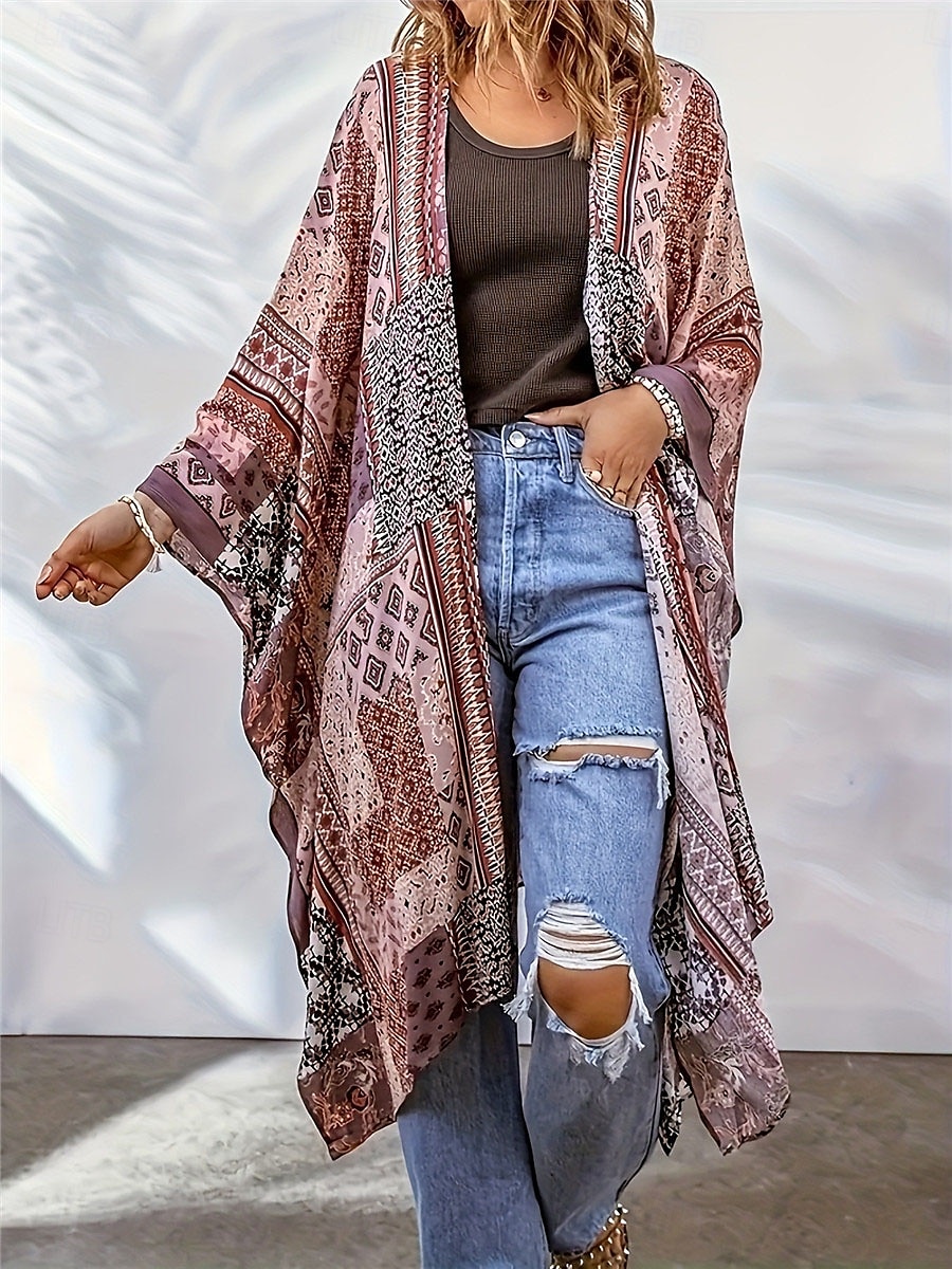 Robes de chambre habillées Vestes habillées Femmes Extérieur Rue Tenue quotidienne Élégant Occasionnel Imprimé Long Manteau Noir Violet Orange Printemps Automne Ouvert devant Sans Col Coupe régulière de 2025 ? $21.99 –P5