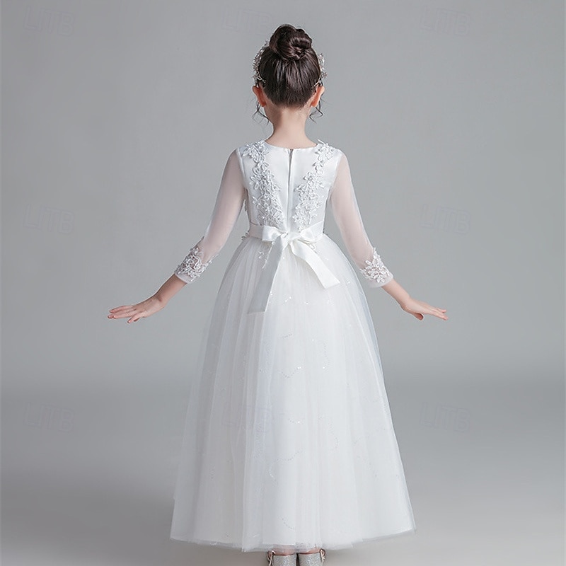 Blumenmädchenkleid Kinder Mädchen Prinzessinenkleid Leistung Hochzeit Party Elegant Schön Gitter Feste Farbe Langarm Rundhalsausschnitt Weinrot Weiß 4 Jahre + 2025 - $43.99 –P6