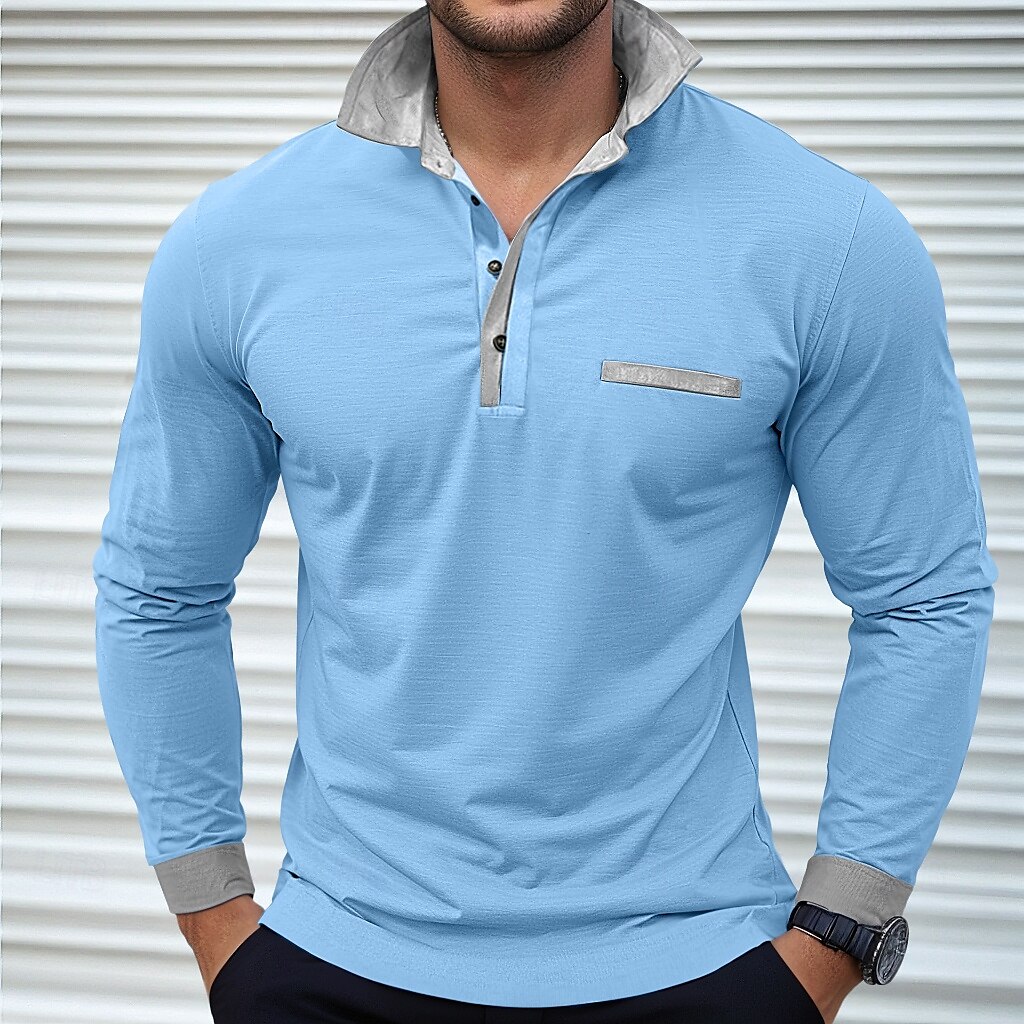 Herren Poloshirts Golf Poloshirts Strasse Geschäft Kargen Klassisch Langarm Modisch Basic Patchwork Tasche Farbblock Herbst Winter Jahreszeiten Regular Fit Hellblau Babyblau Schwarz Weiß Burgunderrot 2025 - $26.99 –P6
