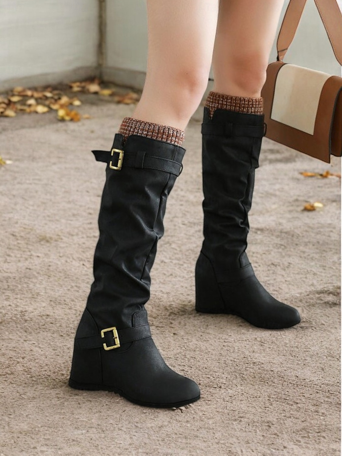 Women's Distressed Tan Slouchy Knee-High Boots with Buckle Straps and Wedge Heel – Cozy Winter Boots with Knit Cuff for Casual Outfits 2025 - $54.99 –P2