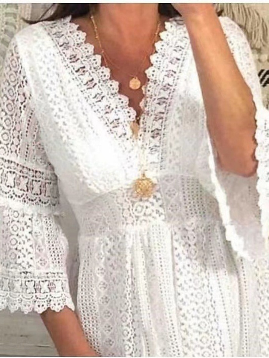 Pentru femei Rochie Mini Rochie albă Rochie de dantela Rochie casual Rochie Boho Casual Sporturi & Exterior Stradă Fit regulat Simplu Lungime Manșon 3/4 În V Alb Caisă Vară Primăvară Toamnă 2025 - $29.99 –P3