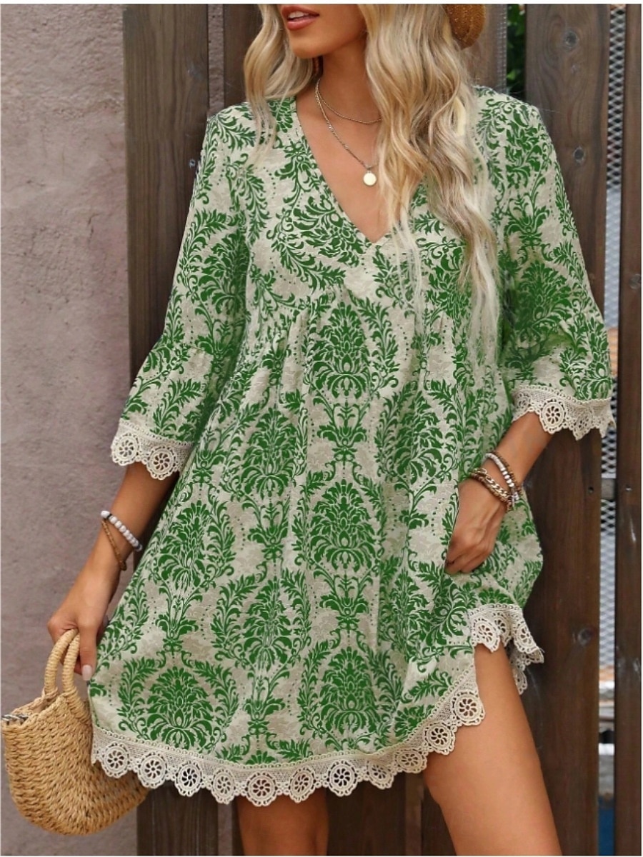 Damen Minikleid Casual kleid Boho-Kleid Brautkleider schlicht Täglich Regular Fit Blumen 3/4 Ärmel V Ausschnitt Wein Blau Grün Sommer Frühling Herbst 2025 - $35.99 –P12