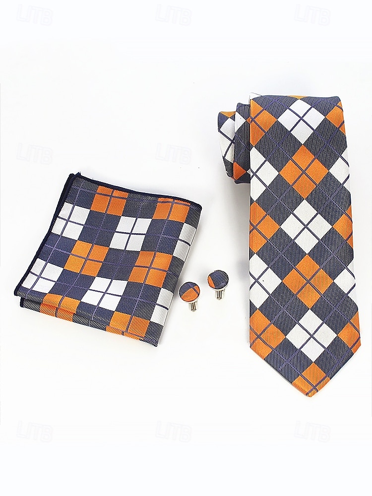 Men's Orange and Navy Plaid Necktie Set with Pocket Square and Cufflinks – Stylish Formal Accessory for Weddings and Business Attire 2025 - $14.99 –P3