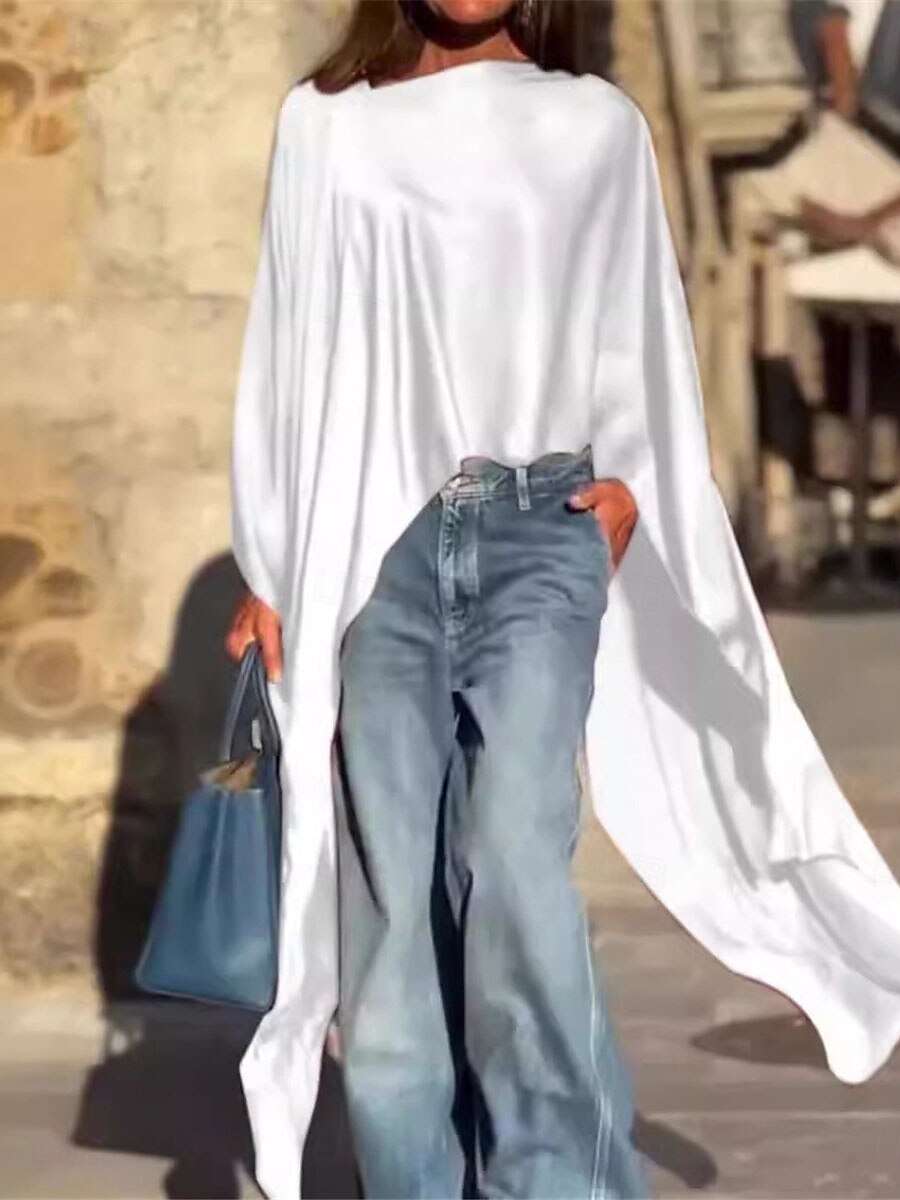 Dames Overhemd Blouse Effen Kleur Basic Casual Lange mouw Assymmetrisch Bandje Lange tops Dagelijks Uitgaan Asymetrische zoom Wit Wijn blauw Herfst Winter 2025 - $29.99 –P2