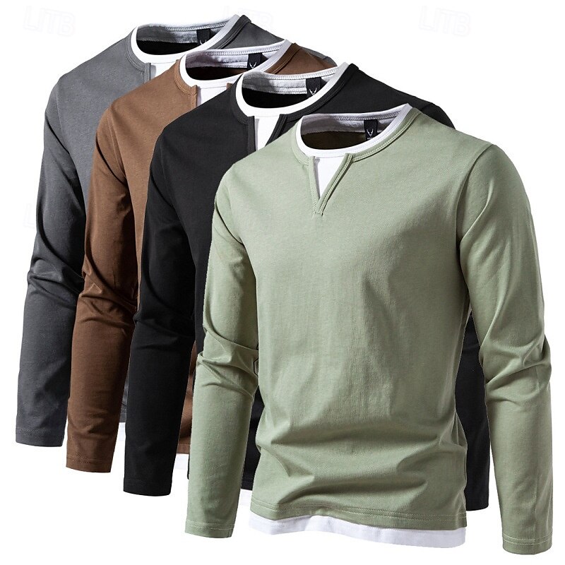 Herren T Shirt T-Shirt Langarmshirt Langarm Rundhalsausschnitt Frühling & Herbst Einfach Mode Designer Basic Falscher Zweiteiler Urlaub Straße Ausgehen Dunkelgrau Schwarz Hellgrün Top T-Shirt für 2025 - $32.99 –P1