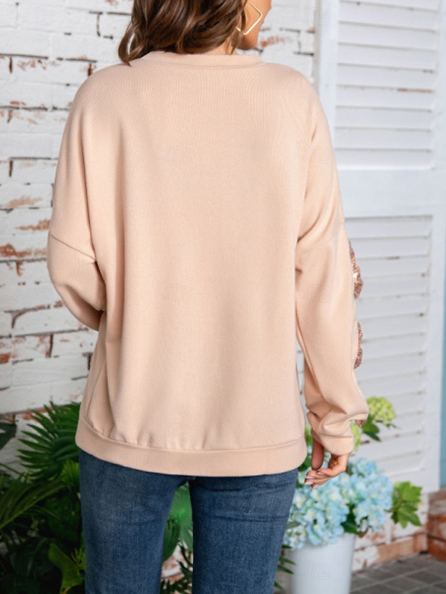 Dam Skjorta Blus Ensfärgat Grundläggande Ledigt Långärmad Rund hals Vanliga toppar Dagligen Paljetter Lappverk Rosett Vit Beige Höst Vinter 2025 - $32.99 –P2