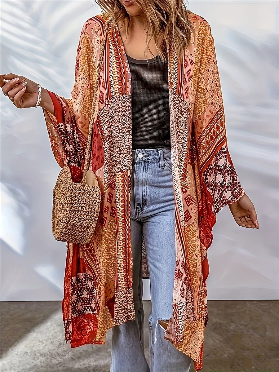 Robes de chambre habillées Vestes habillées Femmes Extérieur Rue Tenue quotidienne Élégant Occasionnel Imprimé Long Manteau Noir Violet Orange Printemps Automne Ouvert devant Sans Col Coupe régulière de 2025 ? $21.99 –P1