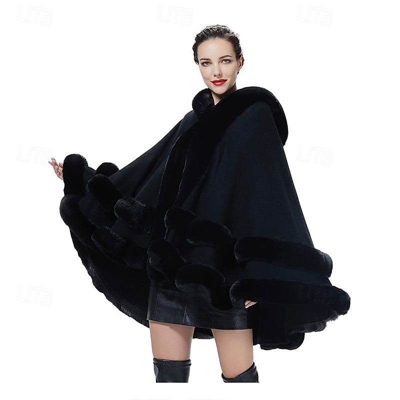 mulheres com capuz poncho capa xale de pele sintética envoltório com acabamento de pele cardigan sem mangas elegante capa moda tops casaco de 2025 por $93.99 –P1