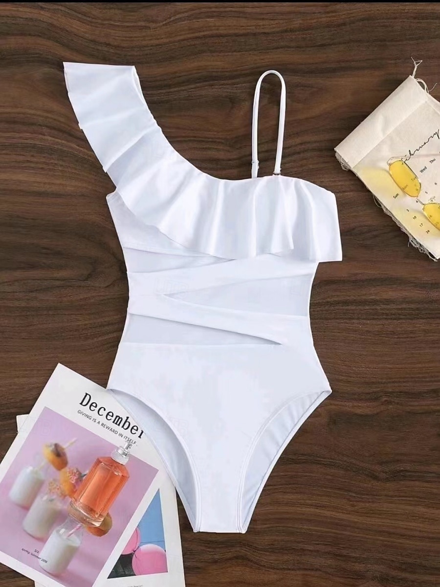 Dam Badkläder En bit Monokini Baddräkt Volang Nät Öppen rygg Magkontroll Hög midja Semester Standkläder Ensfärgat Halterneck Ärmlös Baddräkter 2025 - $28.99 –P10