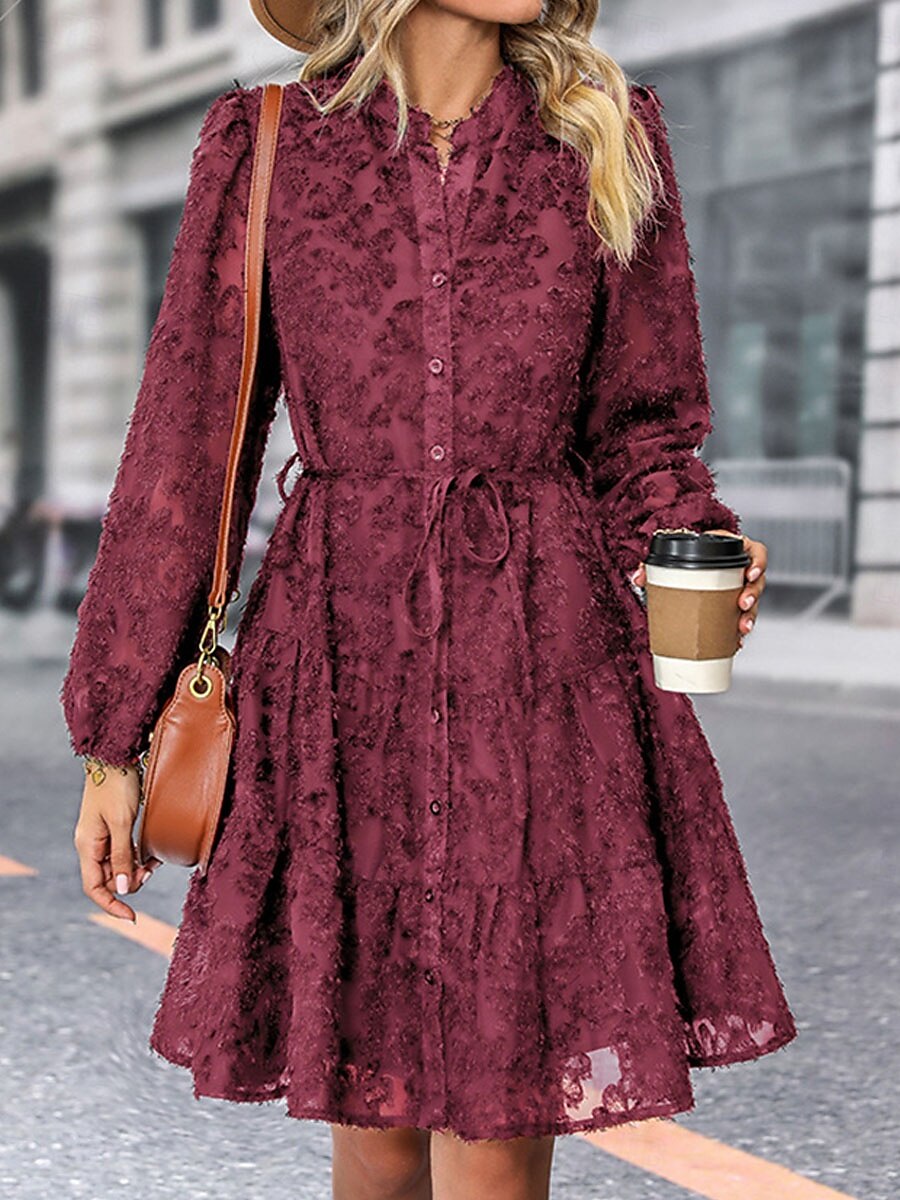 Damen Spitzenkleid Minikleid Spitze Patchwork Brautkleider schlicht Ständer Langarm Schwarz Wein Grün Farbe 2025 - $34.99 –P1