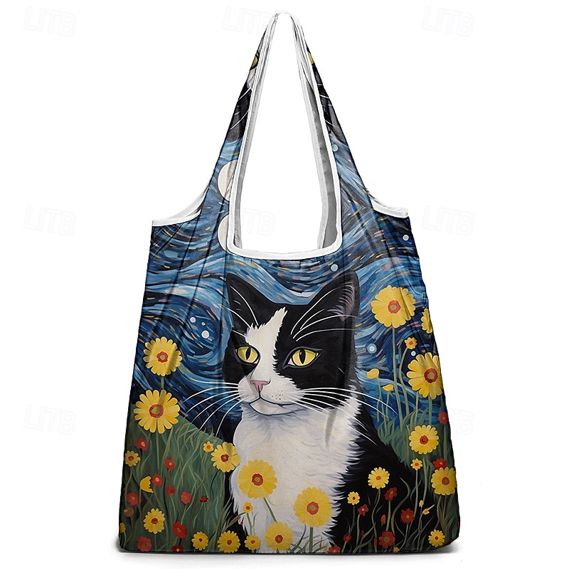 konstnärlig kattväska för kvinnor med blommig och stjärnklar nattdesign - miljövänlig återanvändbar shoppingväska för kattälskare 2025 - $14.99 –P12