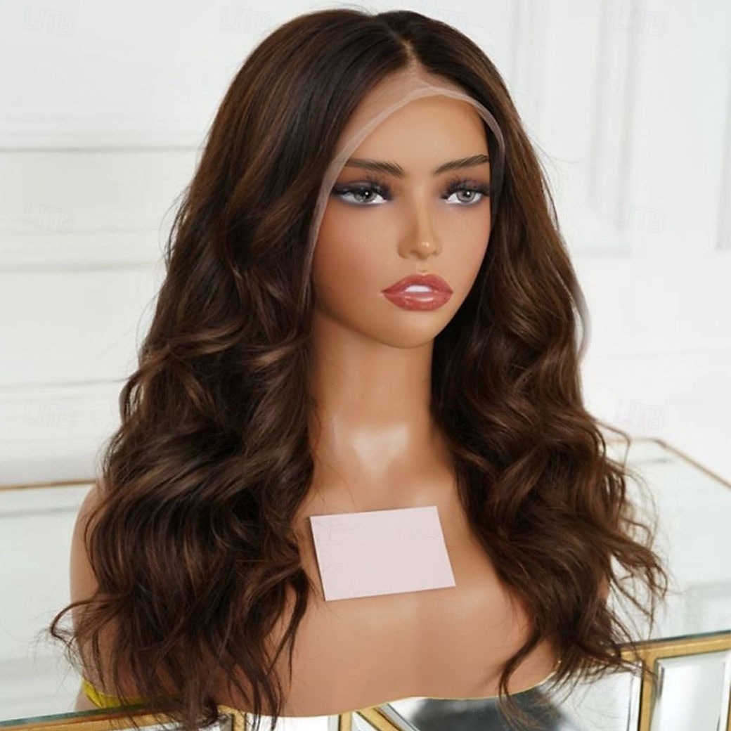 Perruque Cheveux vierges non transformés Fermeture 5x5 13x4 devant en dentelle Cheveux Brésiliens Ondulé Marron Partie libre Femme Densité 130% 150% avec des cheveux de bébé 100% vierge Sans colle de 2025 ? $235.59 –P1