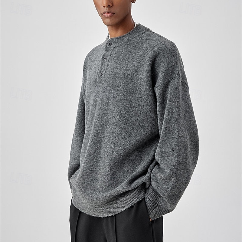 Men's Pullover Sweater Jumper Knit Sweater Pullover Polo Sweater Ribbed Knit Regular Knitted Plain Henley Fashion Basic Vacation Daily Wear Clothing Apparel Fall & Winter Black Light Grey M L XL 2025 - $23.99 –P4