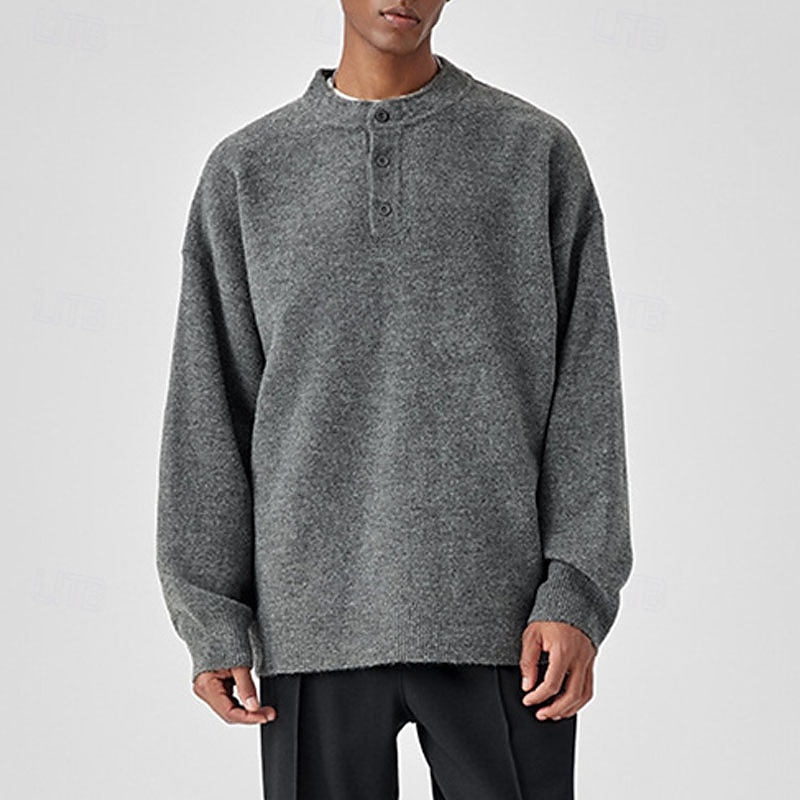Men's Pullover Sweater Jumper Knit Sweater Pullover Polo Sweater Ribbed Knit Regular Knitted Plain Henley Fashion Basic Vacation Daily Wear Clothing Apparel Fall & Winter Black Light Grey M L XL 2025 - $23.99 –P3