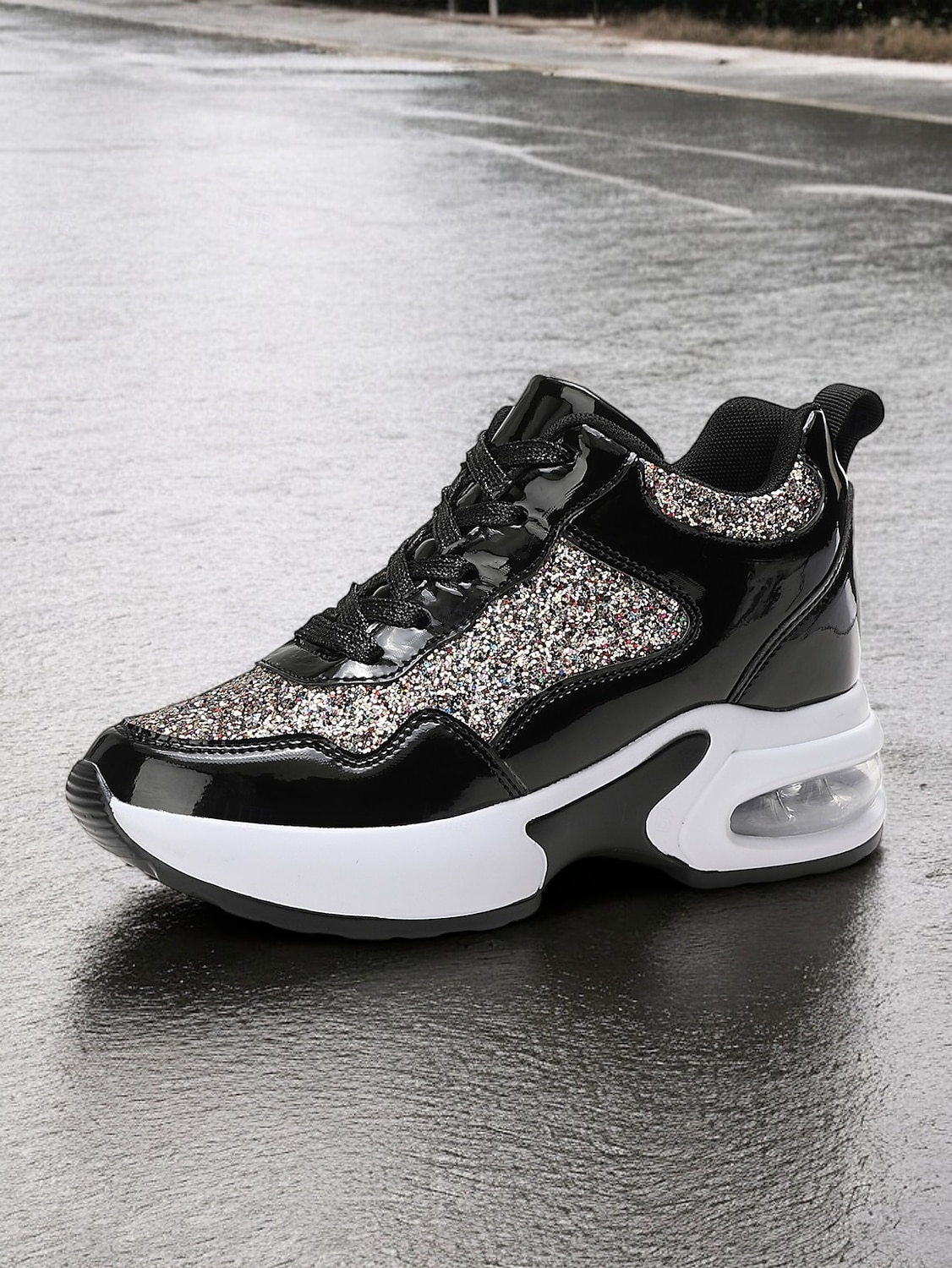 Damskie trampki na platformie z brokatem i podeszwą Air Cushion – błyszczące czarne sznurowane buty sportowe na co dzień i na imprezę 2025 - $42.99 –P7