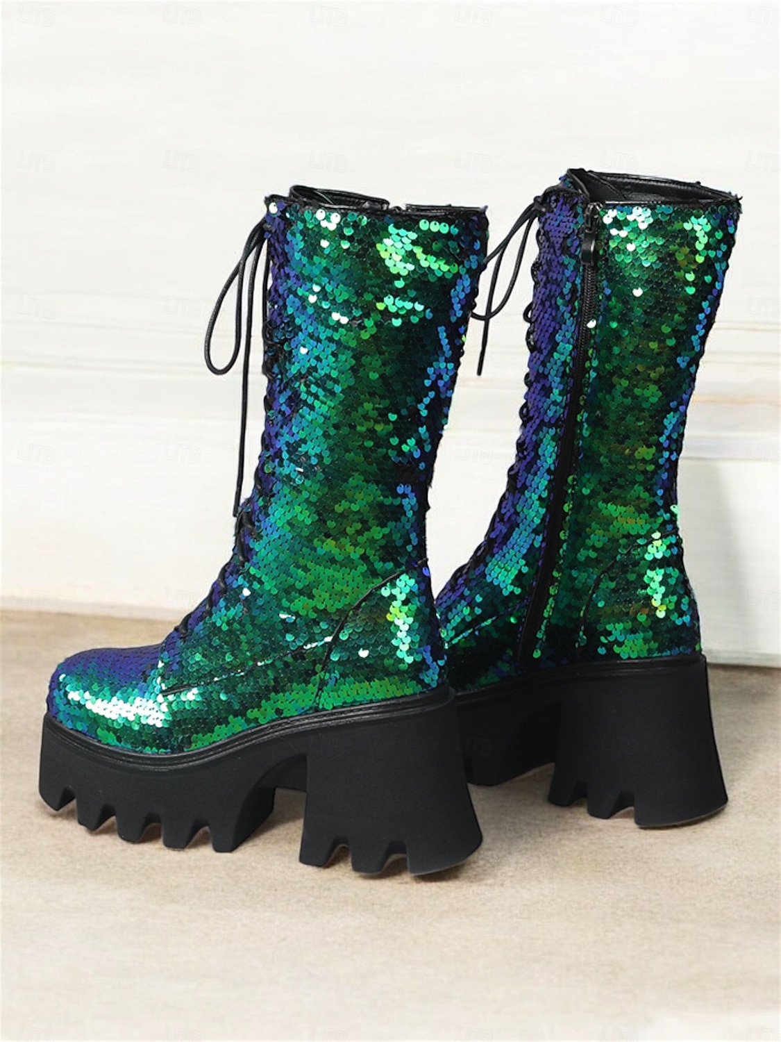 Botas de plataforma con cordones y lentejuelas para mujer: botas de tacón grueso brillantes en verde y azul para fiestas, festivales y cosplay 2025 - $84.99 –P3