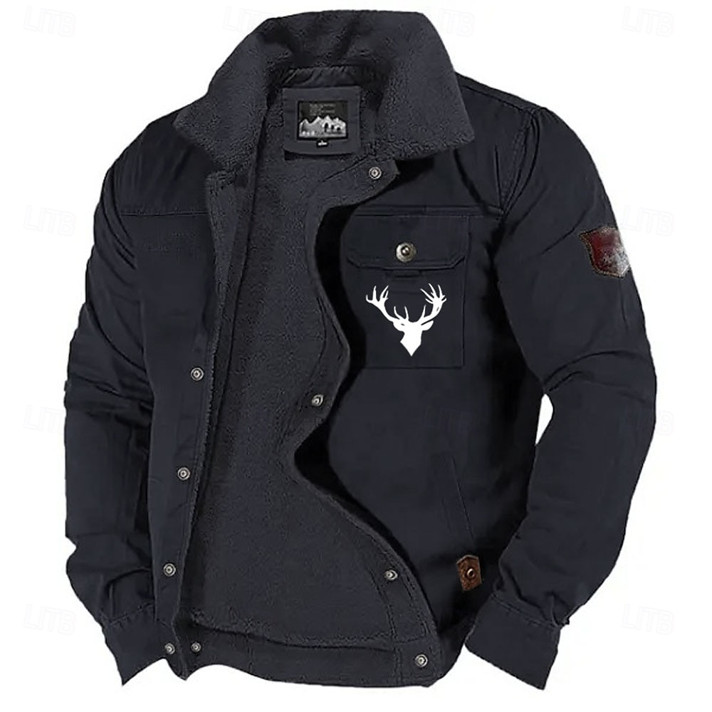 Men's Reindeer Print Embroidered Fleece Jacket Sherpa Hunting Jacket Work Cargo Jacket Turn-Down Collar Warm Winter Cotton Jacket Vintage Casual Going Out Coat Multi-Pockets 2025 - $52.99 –P5