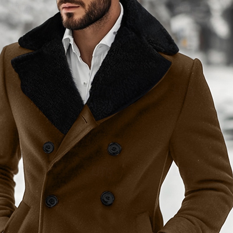 Herre Vinterjakke Ull frakk Frakk Jul utendørs Pelskanter Knapper Vinter Helfarge Jul Elegant Brettelig Krage Normal Svart Brun Jakker 2025 - $61.99 -P3