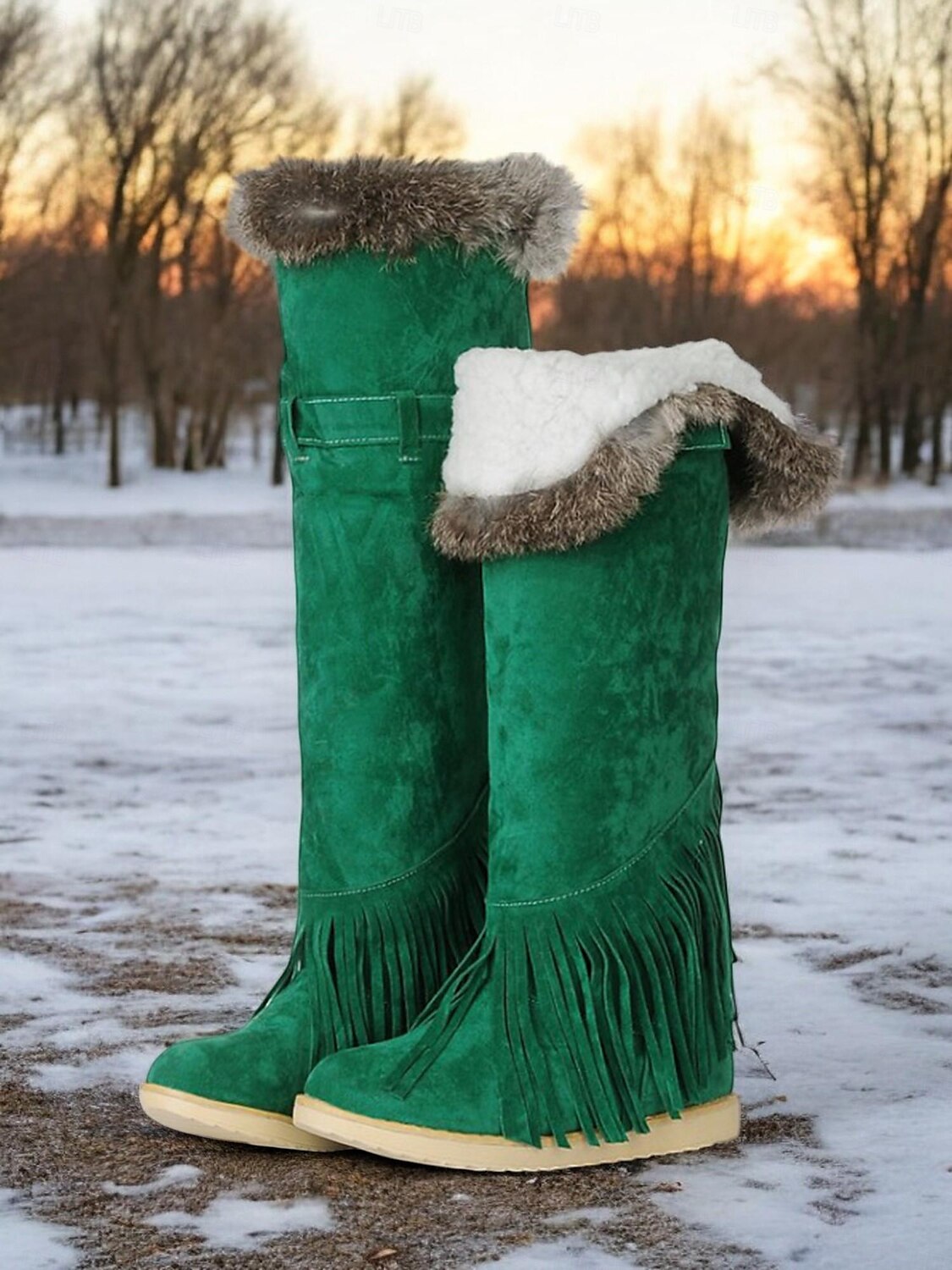 Botas de inverno femininas de camurça verde mocassim com forro de pele e detalhes de franjas – botas de neve confortáveis na altura do joelho para o tempo frio de 2025 por $59.99 –P4