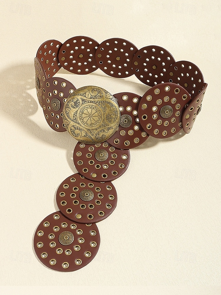 Women's Brown Faux Leather Belt with Perforated Circles and Intricate Metal Buckle - Bohemian Chic Fashion Accessory 2025 - $18.99 –P12