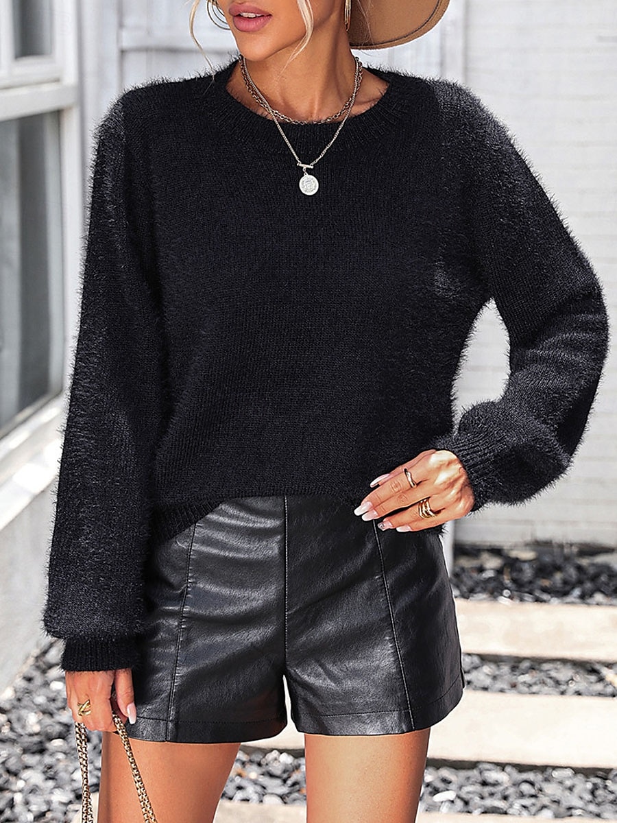 Women's Sweater Casual Soft Pure Color Ribbed Crew Neck Lace Patchwork Knitted Long Sleeve Regular Tops Knit Outdoor Daily Weekend Black White Fall Winter 2025 - $74.99 –P10