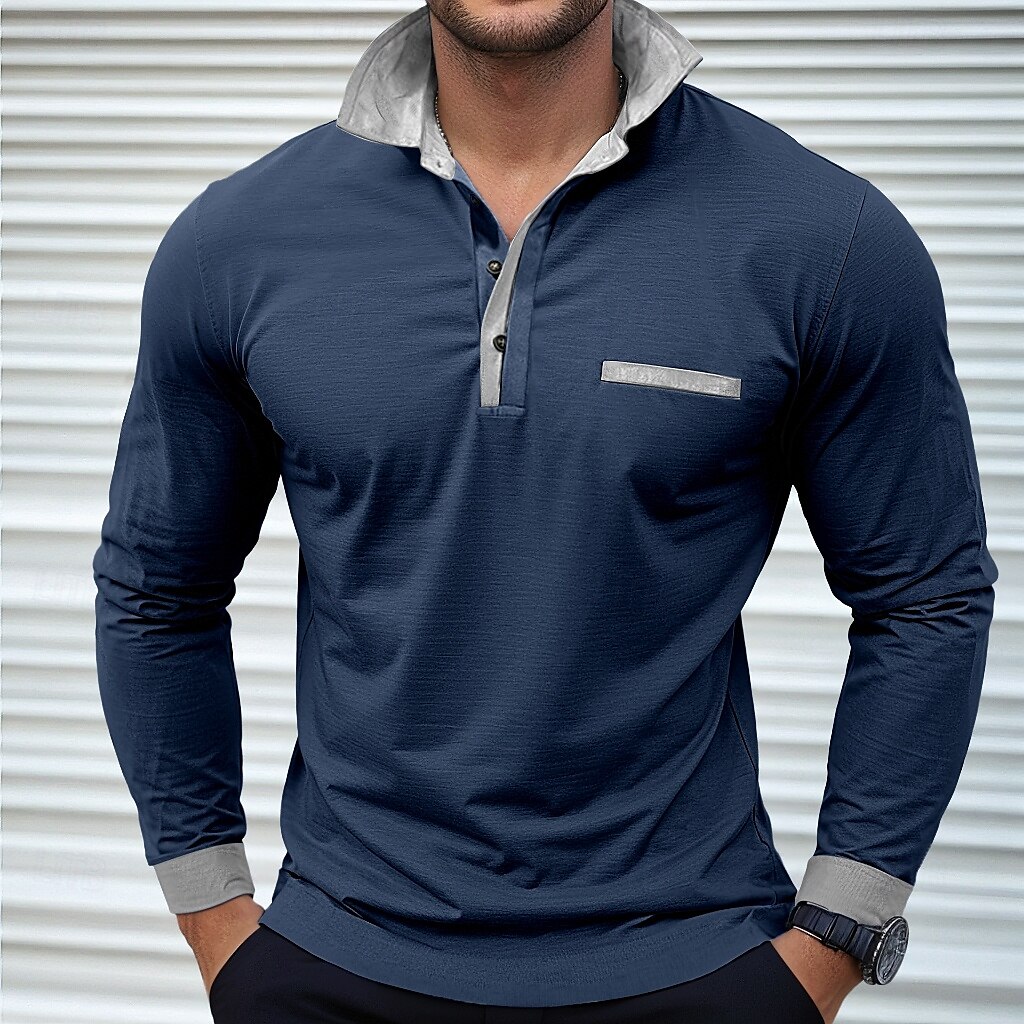 Herren Poloshirts Golf Poloshirts Strasse Geschäft Kargen Klassisch Langarm Modisch Basic Patchwork Tasche Farbblock Herbst Winter Jahreszeiten Regular Fit Hellblau Babyblau Schwarz Weiß Burgunderrot 2025 - $26.99 –P5