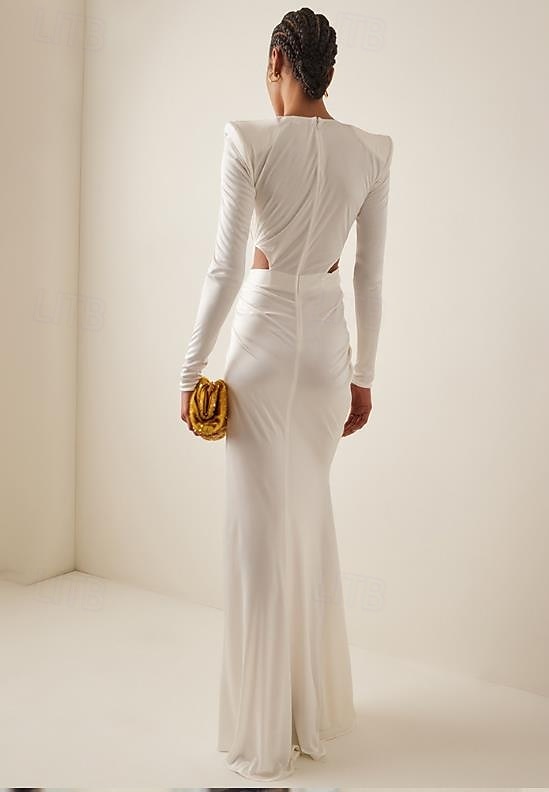 Robe de soirée sirène  trompette robe élégante invitée de mariage longueur de sol manches longues décolleté en V nylon avec cristaux de 2025 ? $144.99 –P2