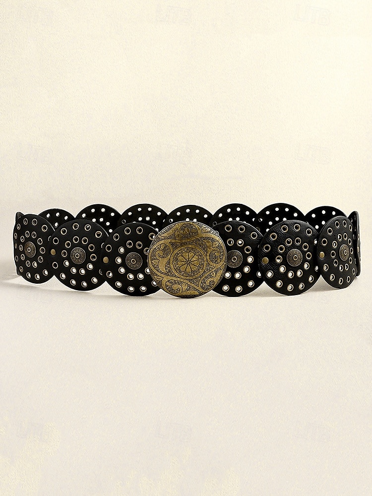 Women's Brown Faux Leather Belt with Perforated Circles and Intricate Metal Buckle - Bohemian Chic Fashion Accessory 2025 - $18.99 –P7