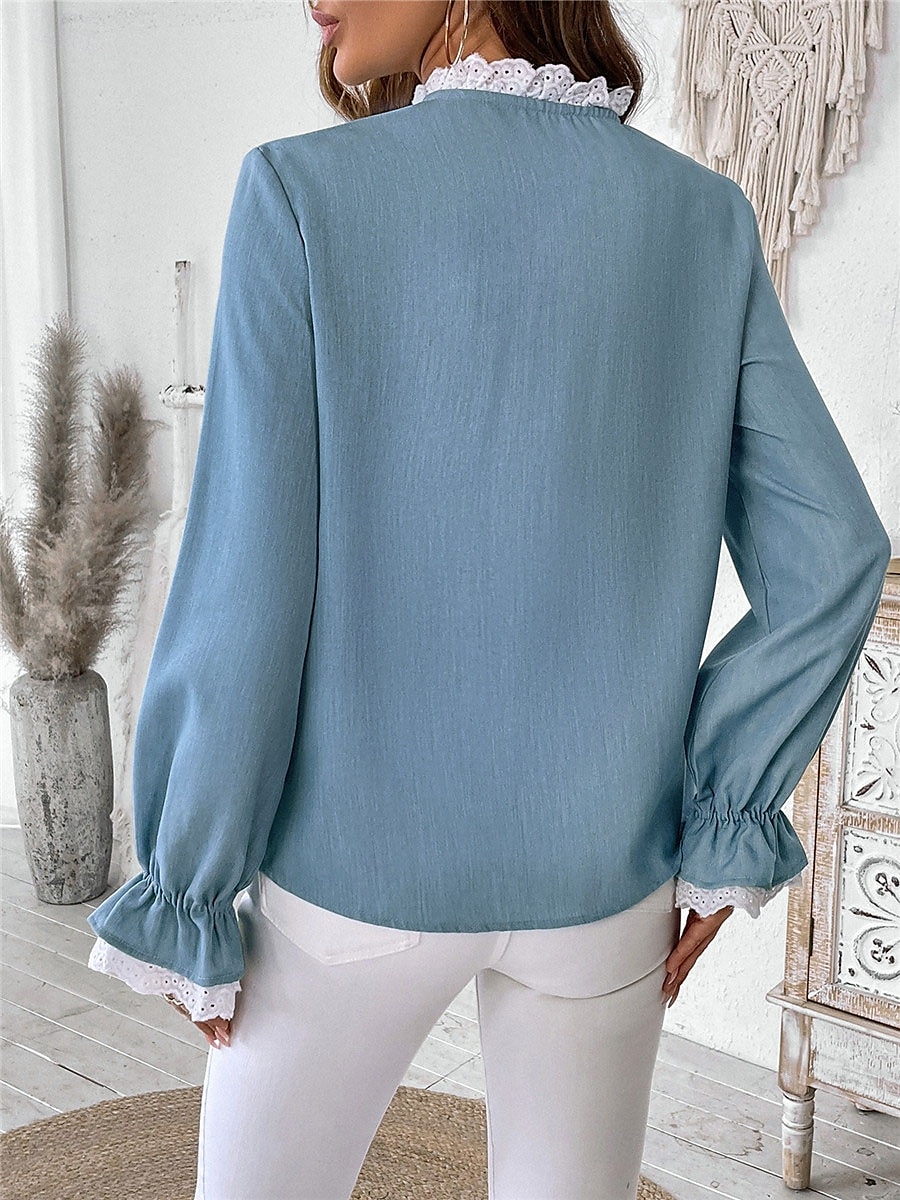 Damen Hemd Bluse Feste Farbe Basic Brautkleider schlicht Langarm V Ausschnitt Normale Oberteile Täglich Spitze Patchwork Knopf Blau Herbst Winter 2025 - $34.99 –P2