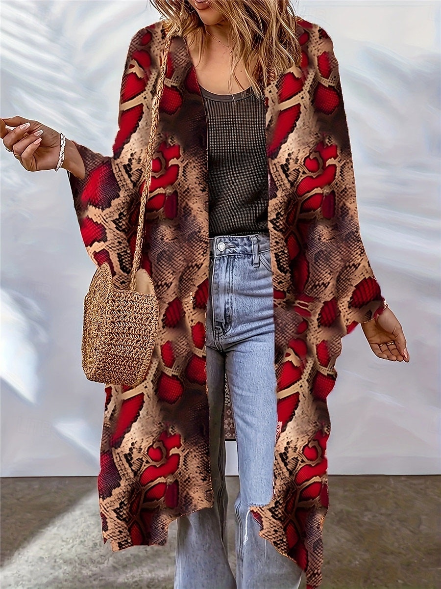 Robes de chambre habillées Vestes habillées Femmes Extérieur Rue Tenue quotidienne Élégant Occasionnel Imprimé Long Manteau Noir Violet Orange Printemps Automne Ouvert devant Sans Col Coupe régulière de 2025 ? $21.99 –P3