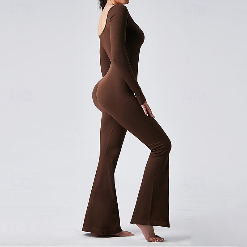 Dam Jumpsuit Träningsdräkt Onesie Utsvängda byxben Ensfärgat Kroppsdräkt Byxdress Svart Kaffe Yoga Kondition Gymträning Andningsfunktion Mjuk Långärmad Sport Sportkläder Elastisk Smal 2025 - $33.59 –P9