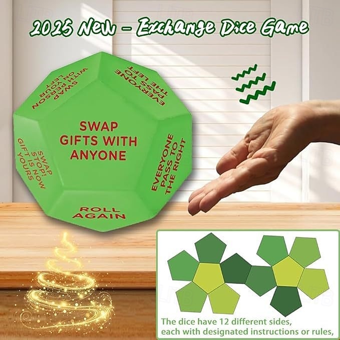 Santa Swap Gift Exchange Dice,2025 New Gift Exchange Dice, Exchange Dice Game,Christmas Group Party Game,12 Different Sides 3 * 3 * 3in Pu Material Gift Exchange Dice Game 2025 - $13.99 –P3