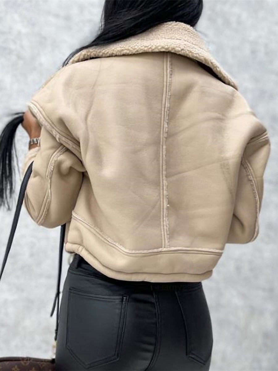 Dam Imitationsläderjacka Fleece-jacka Teddyrock Håller värmen Andningsfunktion Dragkedja Ficka Fleecefodrad Ledigt Slät Semester Gata Dagliga kläder Utekväll Dragkedja Kort Nedvikt Normal Långärmad 2025 - $45.99 –P8